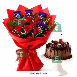 Fresh Rose Bouquet With Fresh Chocolate Cake