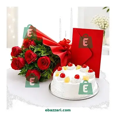 Red Roses Cake and Greeting Card