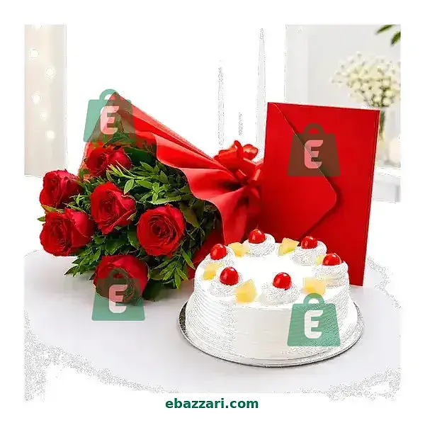 Red Roses Cake and Greeting Card